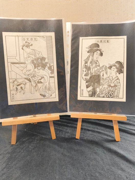 Coppia Xilografie giapponesi di Geishe in toni di nero tarda dinastia Qing 1850 - 1900