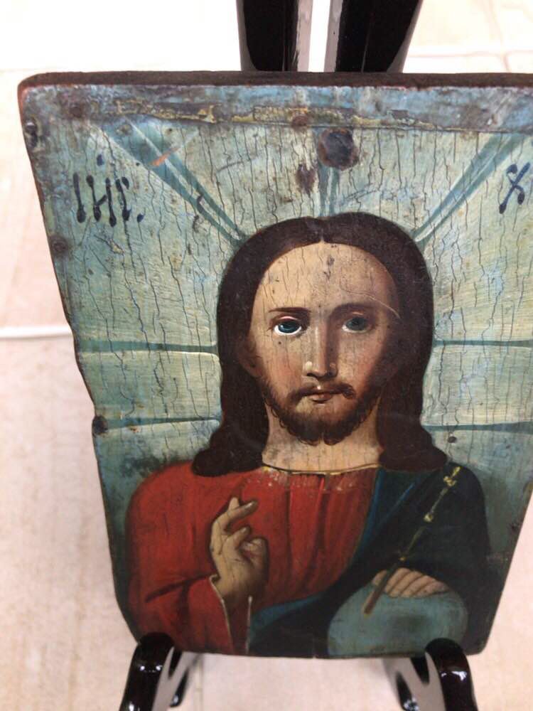 Antica icona ortodossa russa del Cristo Pantocrate, fine del XIX sec.