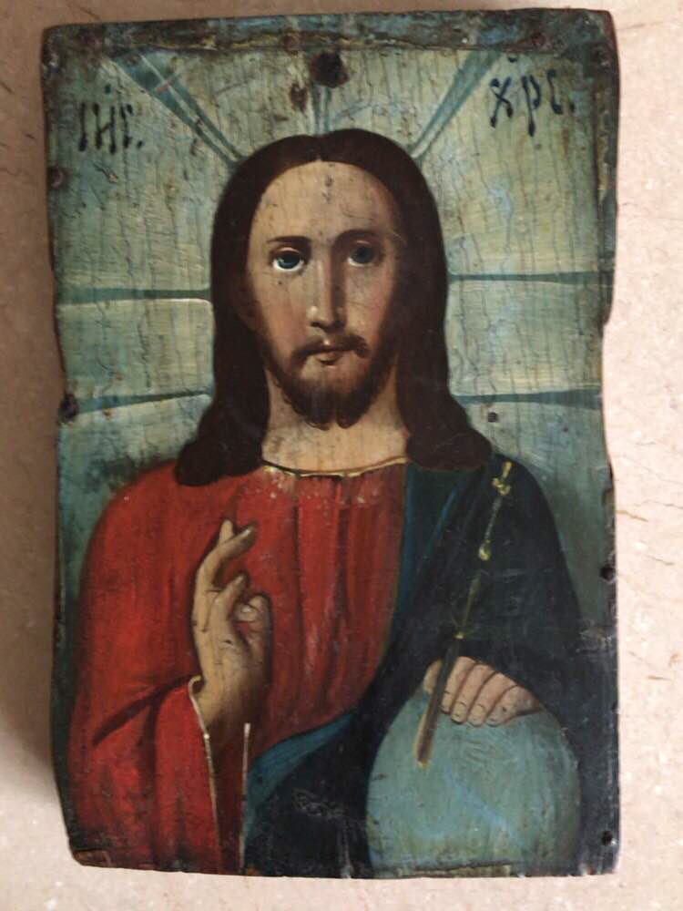 Antica icona ortodossa russa del Cristo Pantocrate, fine del XIX sec.
