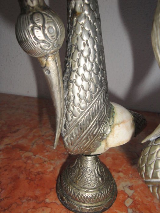 Pair of sea shells and birds carved in white metal* - Early to mid 20th century.