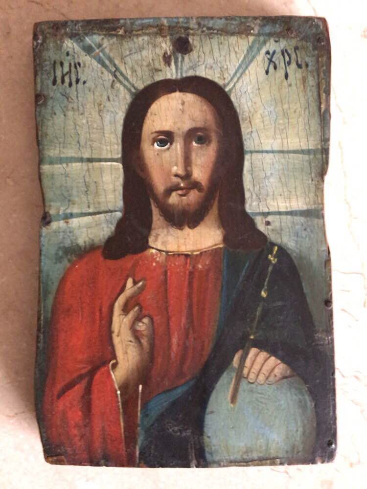 Antica icona ortodossa russa del Cristo Pantocrate, fine del XIX sec.