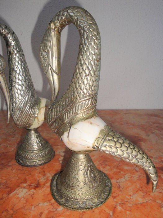 Pair of sea shells and birds carved in white metal* - Early to mid 20th century.