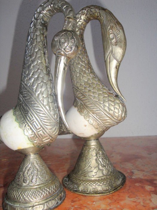 Pair of sea shells and birds carved in white metal* - Early to mid 20th century.