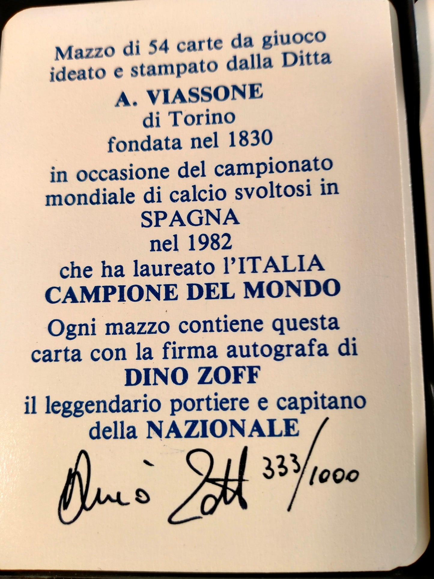 Carte da gioco “Italia campione del mondo”. Spagna 1982. Tiratura limitata a 1000 esemplari
