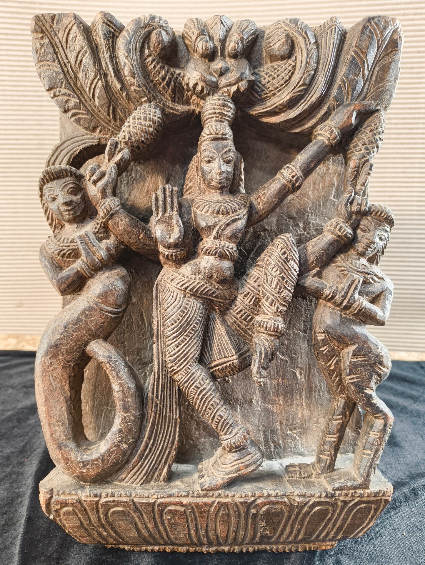 Sheesham wood sculpture of Vishnu with two avatars - late 1800s - India