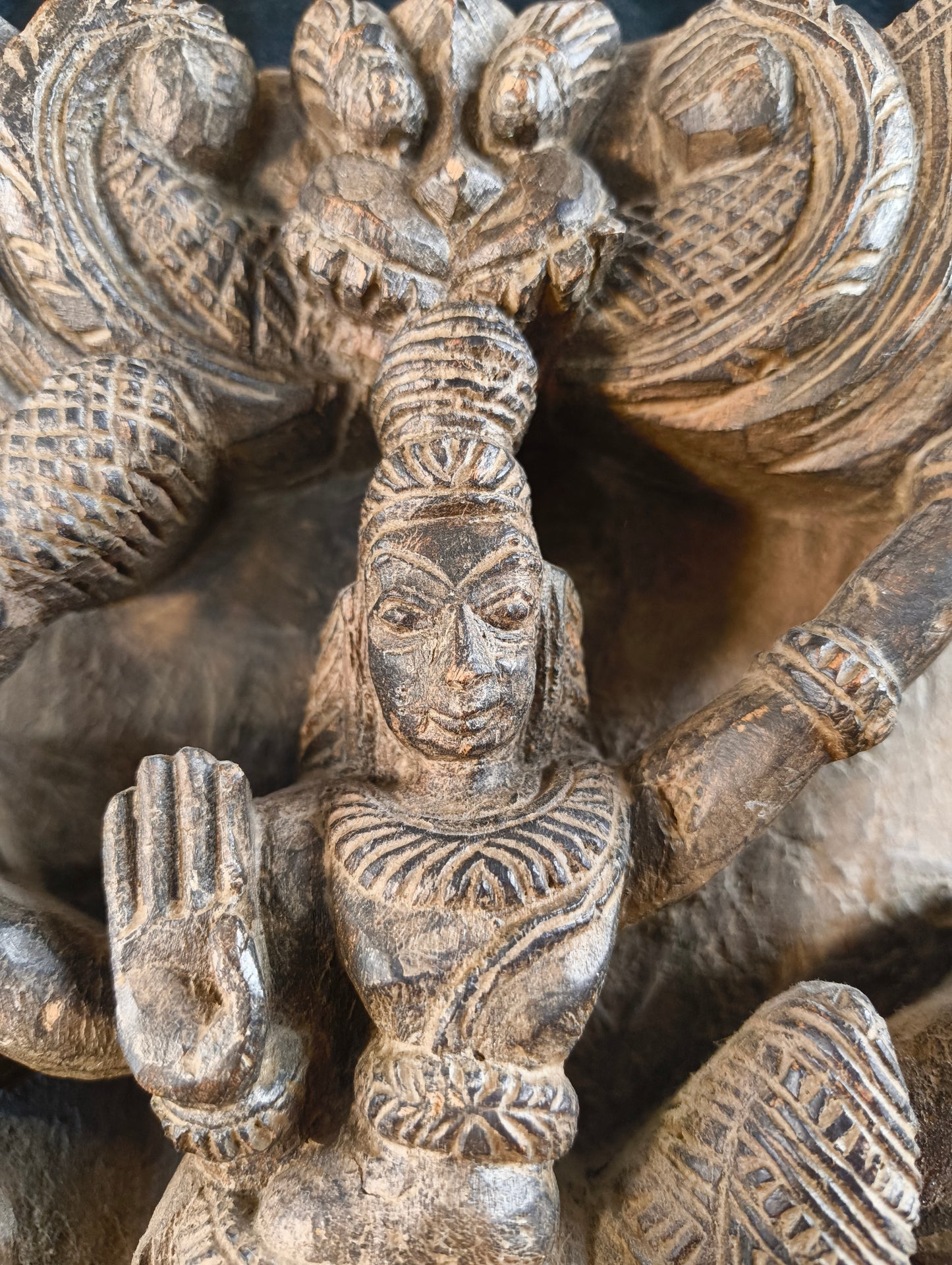 Sheesham wood sculpture of Vishnu with two avatars - late 1800s - India