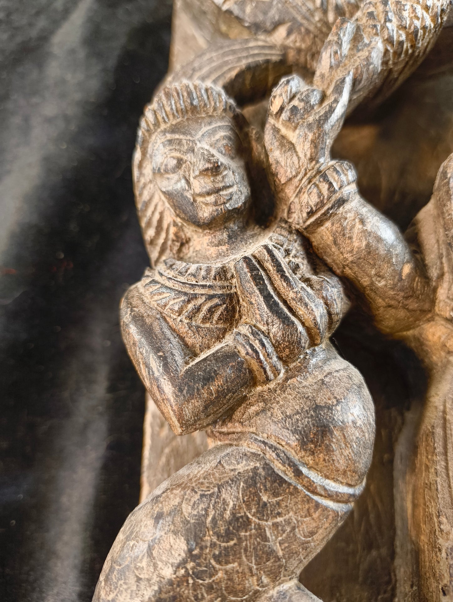Sheesham wood sculpture of Vishnu with two avatars - late 1800s - India