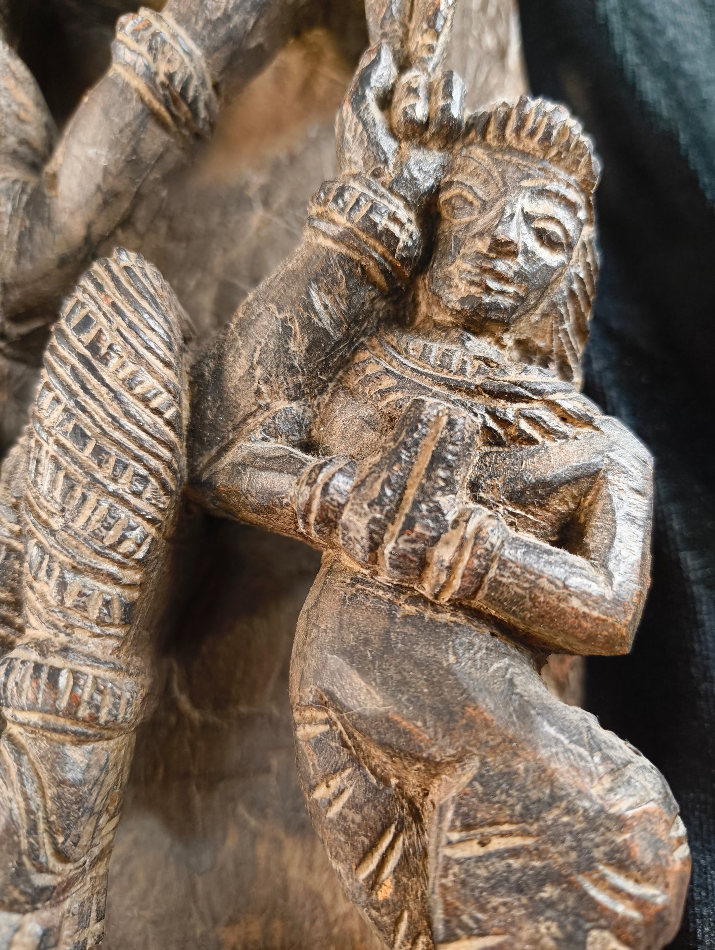 Sheesham wood sculpture of Vishnu with two avatars - late 1800s - India