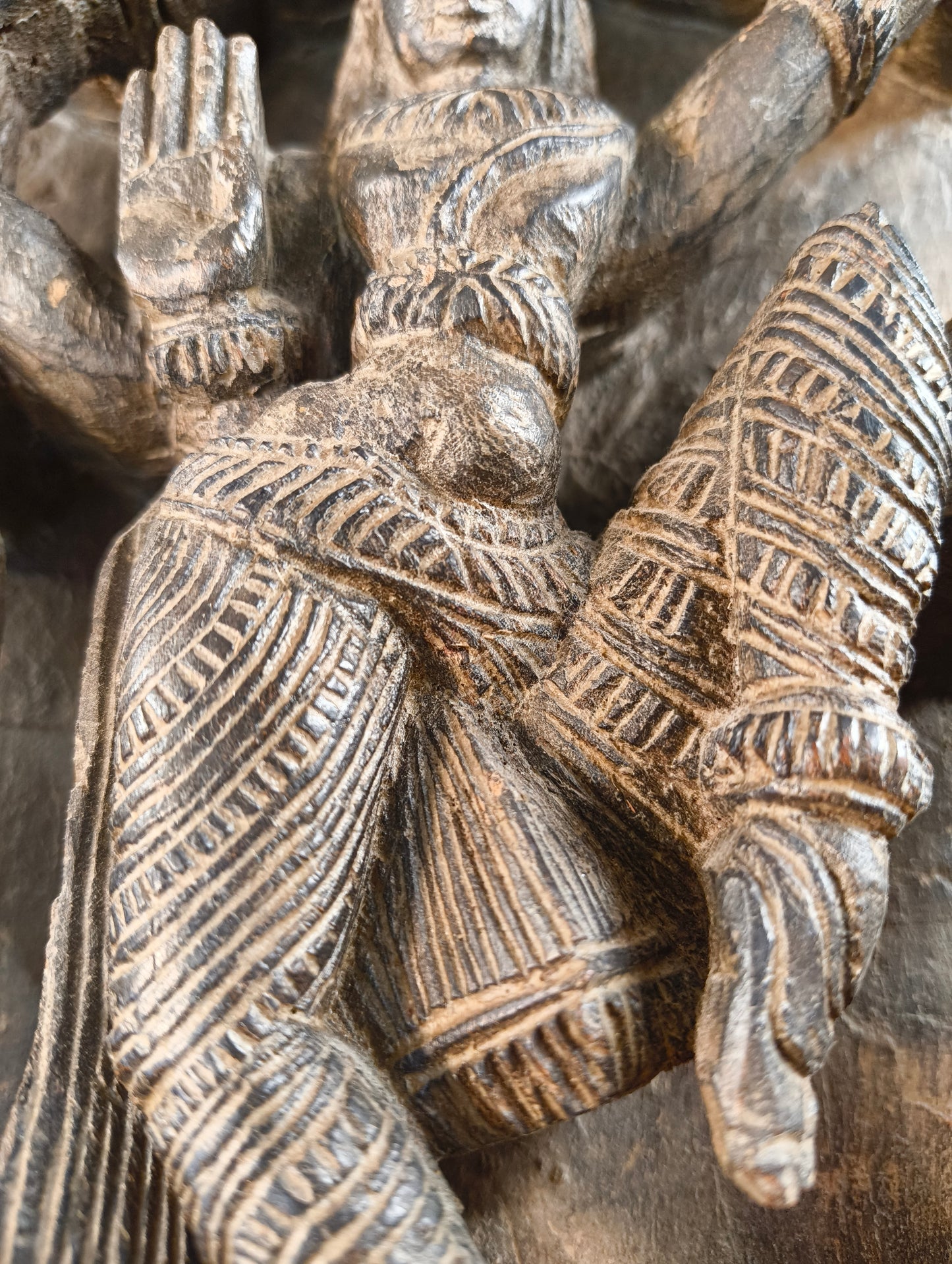 Sheesham wood sculpture of Vishnu with two avatars - late 1800s - India