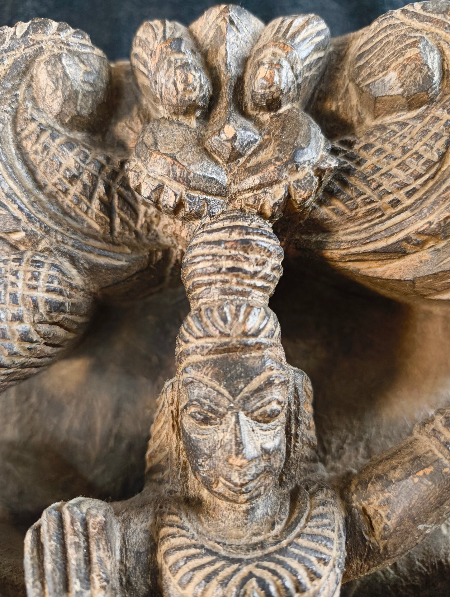 Sheesham wood sculpture of Vishnu with two avatars - late 1800s - India