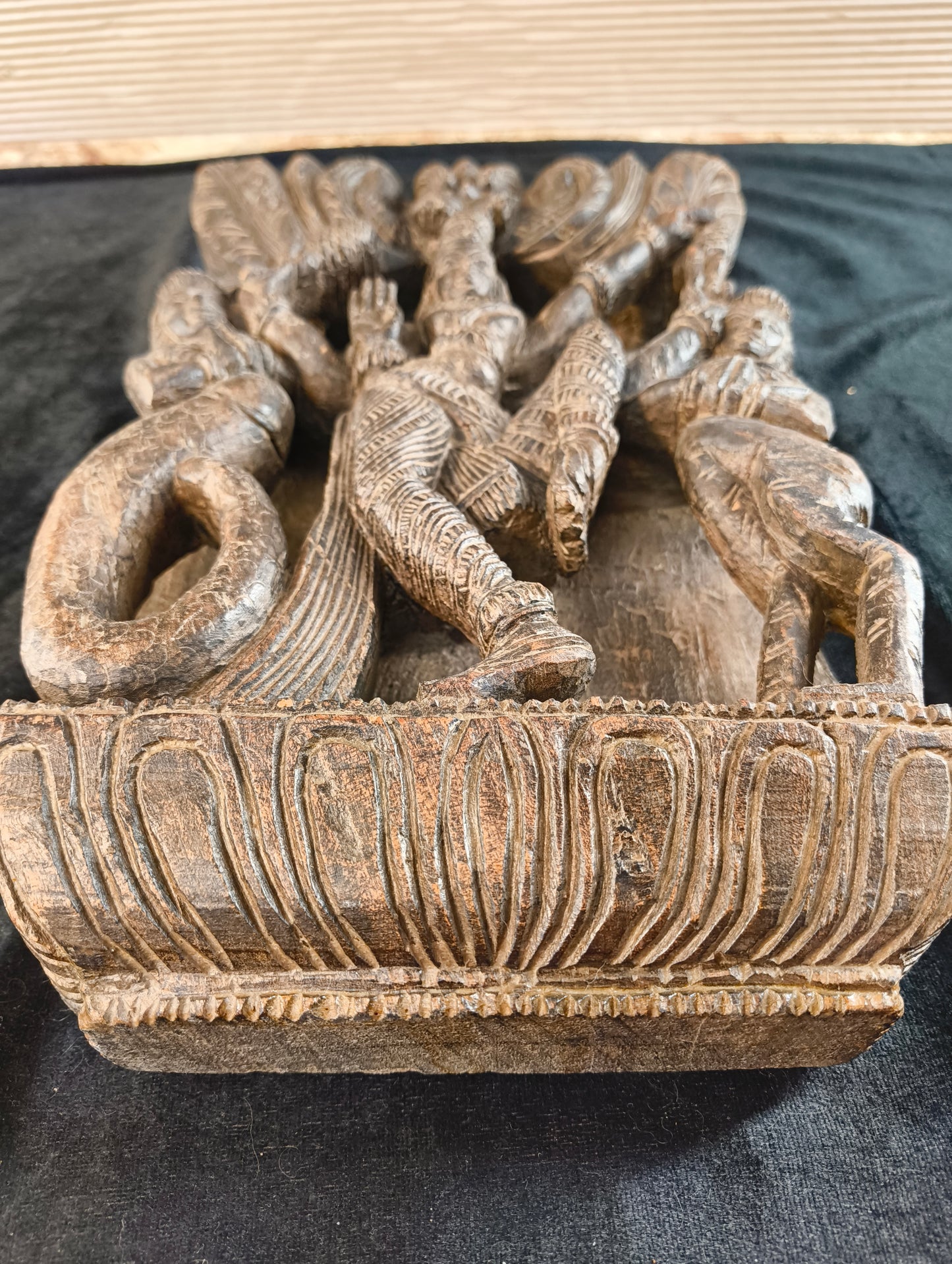 Sheesham wood sculpture of Vishnu with two avatars - late 1800s - India