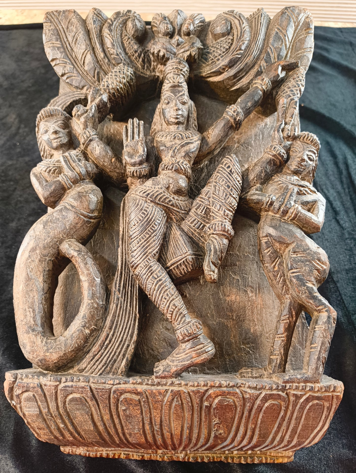 Sheesham wood sculpture of Vishnu with two avatars - late 1800s - India