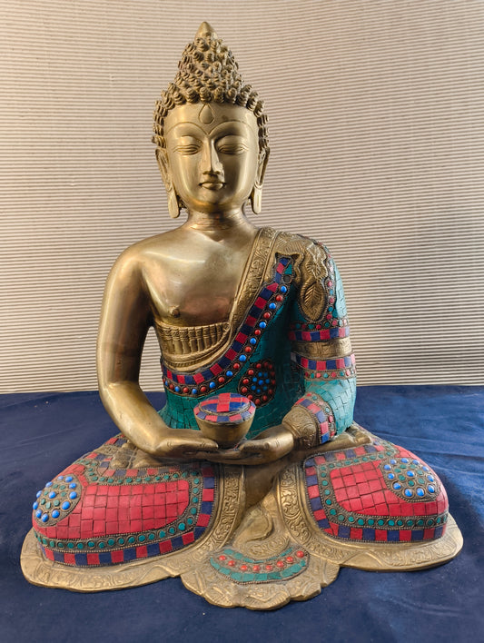 Buddha seduto in dhyanasana con ciotola per raccolta offerte - Ottone - Nepal - fine XX° sec.
