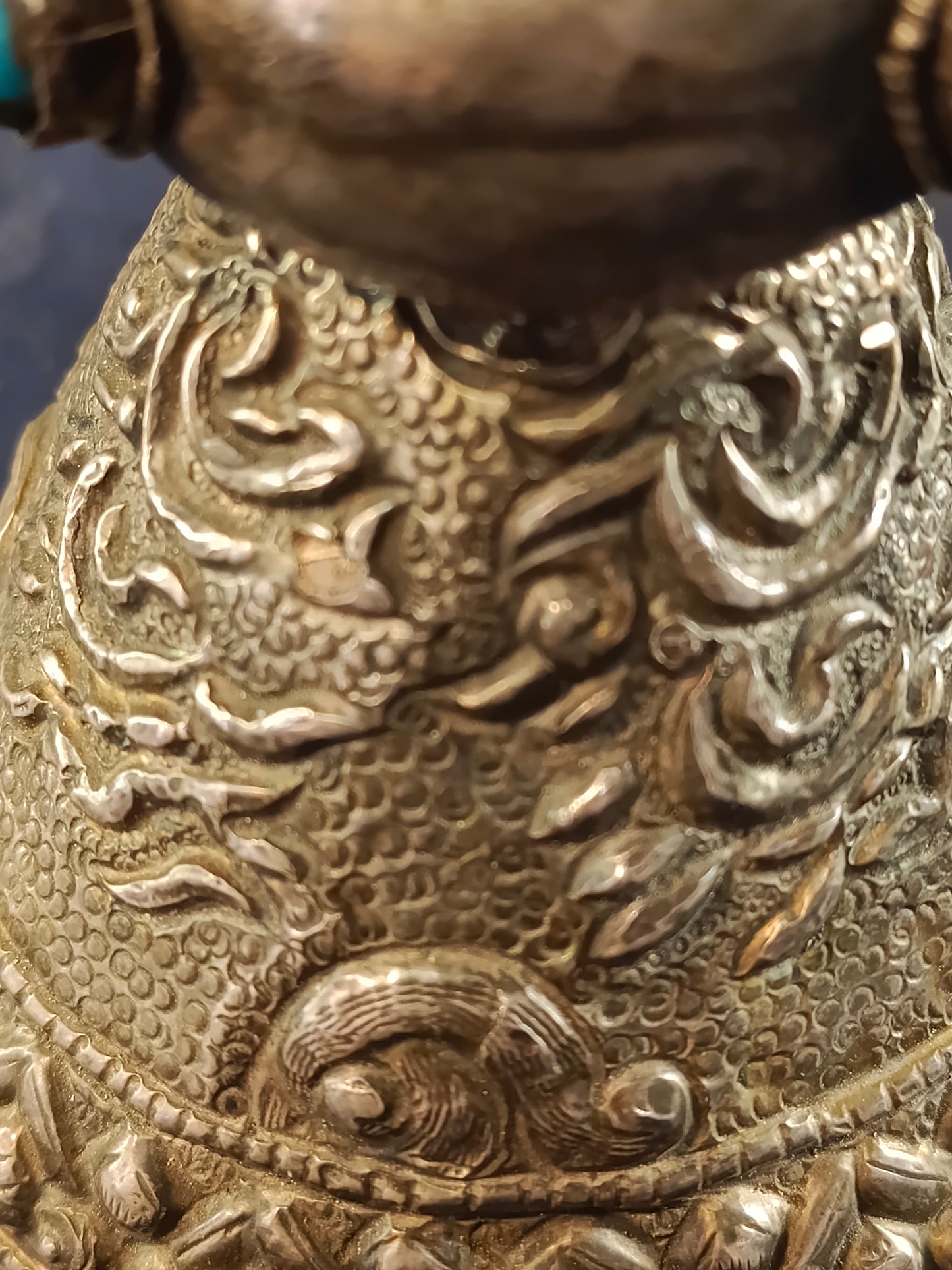 Antico timbro sigillo x ceralacca in lega Argento, Copale, Turchese - Tibet - 19° secolo