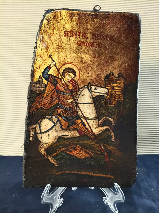 Icona in stile bizantino iconoclasta di San Giorgio ed il Drago - Polonia - metà XX° secolo
