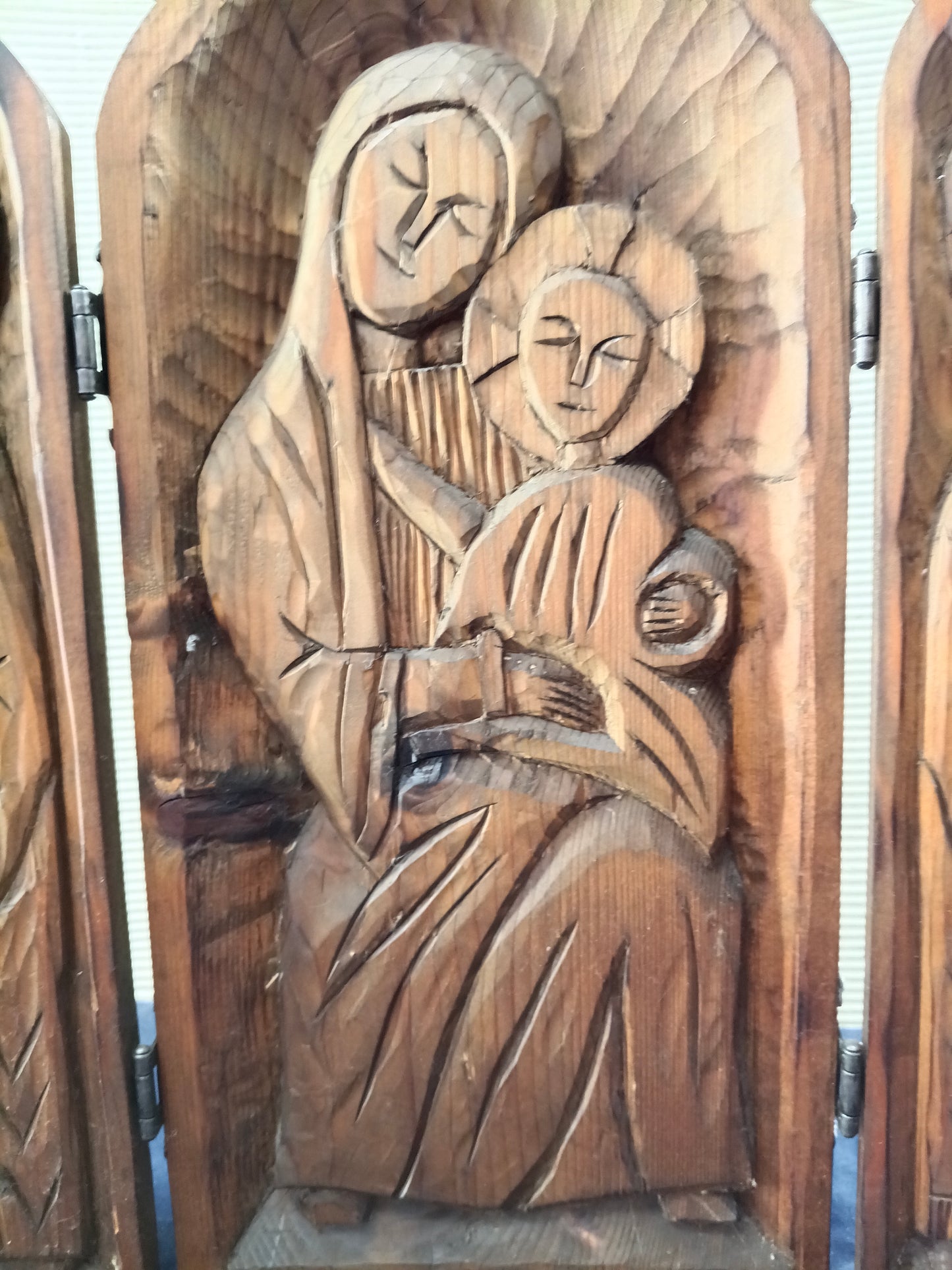 Icona trittico in legno Madonna di Kazan e due Santi - 1920/1930 - Francia del Nord