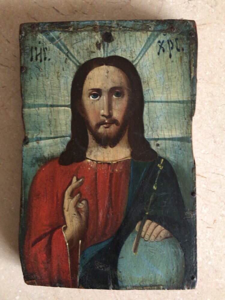 Antica icona ortodossa russa del Cristo Pantocrate, fine del XIX sec.