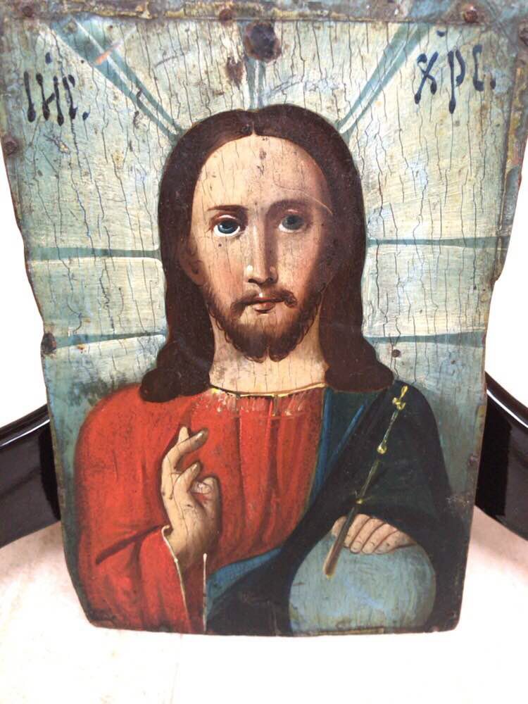 Antica icona ortodossa russa del Cristo Pantocrate, fine del XIX sec.