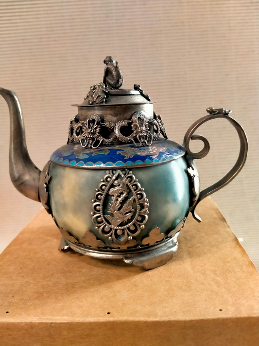 Teapot in engraved silver metal, enamel and green hard stone 