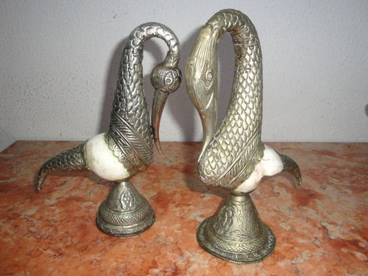 Pair of sea shells and birds carved in white metal* - Early to mid 20th century.