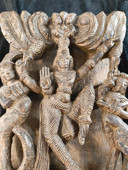 Sheesham wood sculpture of Vishnu with two avatars - late 1800s - India 