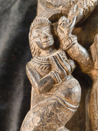 Sheesham wood sculpture of Vishnu with two avatars - late 1800s - India 