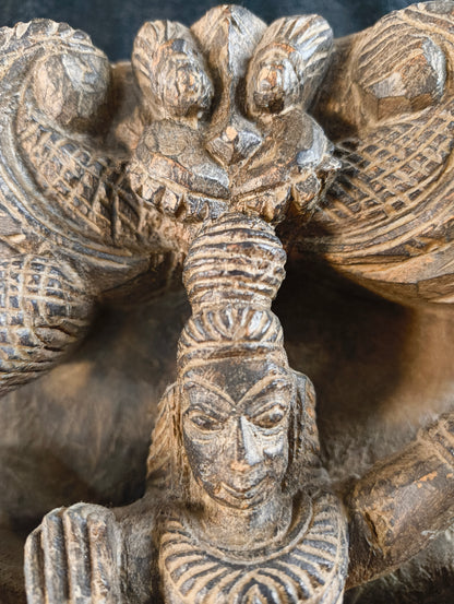 Sheesham wood sculpture of Vishnu with two avatars - late 1800s - India 