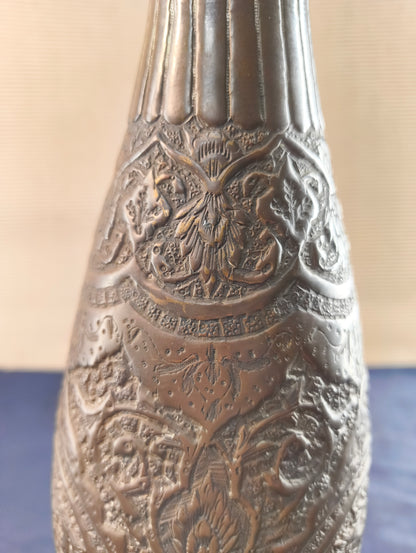 Bottle vase - Patinated brass - heron and flowers - Persia - Late 19th - early 20th century