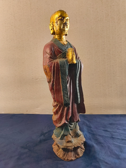 Statue de moine Arahat - Dynastie Tang, statue en métal sur double fleur de lotus. 
