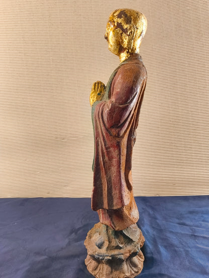 Statue de moine Arahat - Dynastie Tang, statue en métal sur double fleur de lotus. 