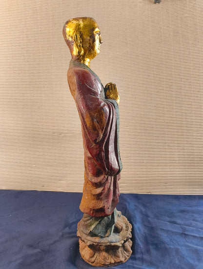 Statue de moine Arahat - Dynastie Tang, statue en métal sur double fleur de lotus. 