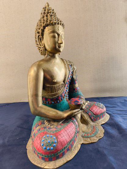 Buddha seduto in dhyanasana con ciotola per raccolta offerte - Ottone - Nepal - fine XX° sec.