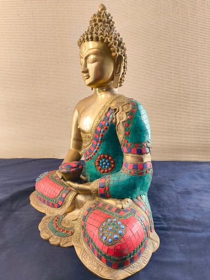 Buddha seduto in dhyanasana con ciotola per raccolta offerte - Ottone - Nepal - fine XX° sec.