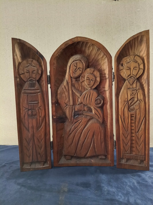 Icona trittico in legno Madonna di Kazan e due Santi - 1920/1930 - Francia del Nord